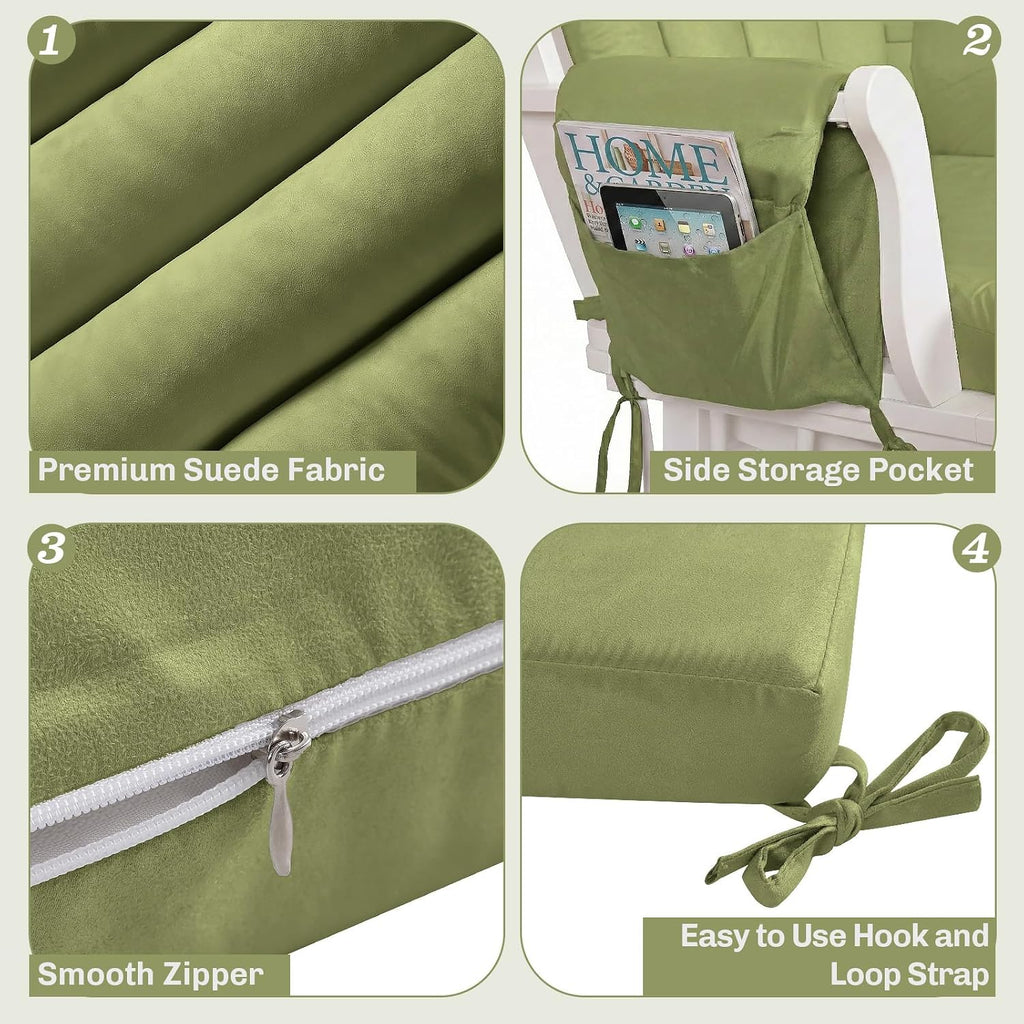 5PCS Suede Glider Rocker Replacement Cushions with 29.5' High Backrest & Side Pockets, Thickened Soft Glider Rocking Chair Cushions with Ottoman Cushion for Indoor Nursery Rocking Chair, Green