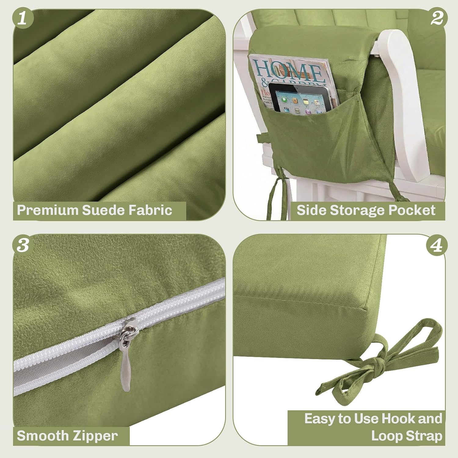 5PCS Suede Glider Rocker Replacement Cushions with 29.5' High Backrest & Side Pockets, Thickened Soft Glider Rocking Chair Cushions with Ottoman Cushion for Indoor Nursery Rocking Chair, Green