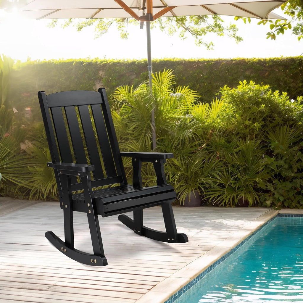 VINGLI Outdoor Rocking Chair Set of 2, Heavy Duty 600 LBS Wooden Rocking Chair with Comfortable Backrest, Weatherproof Rocker with Ergonomic Design, Suit for Patio, Garden, Yard, Black