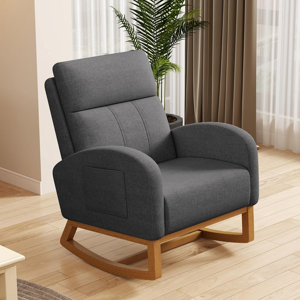 Gaussen Glider Rocking Chair Nursery Comfy Accent Chair with High Backrest Upholstered Living Room Chairs with Pocket Armchair Reading Chair for Bedroom Nursery Office (Grey)