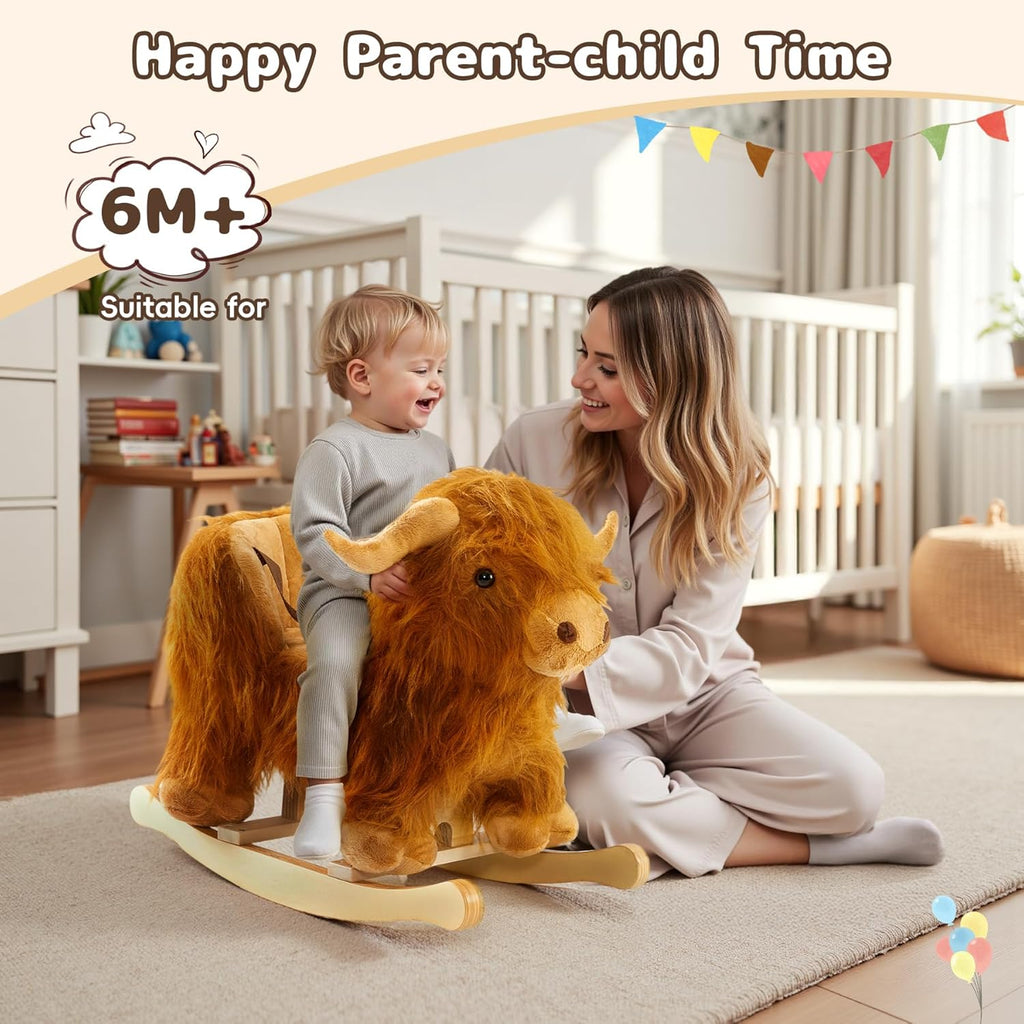 Baby Rocking Horse,Highlander Cattle Wooden Rocking Horse for Toddlers 1 Year Old Cute Cow Stuffed Plush Ride-on Toy Rocking Animal for Baby Boys and Girls Nursery/Child Christmas or Birthday Gift
