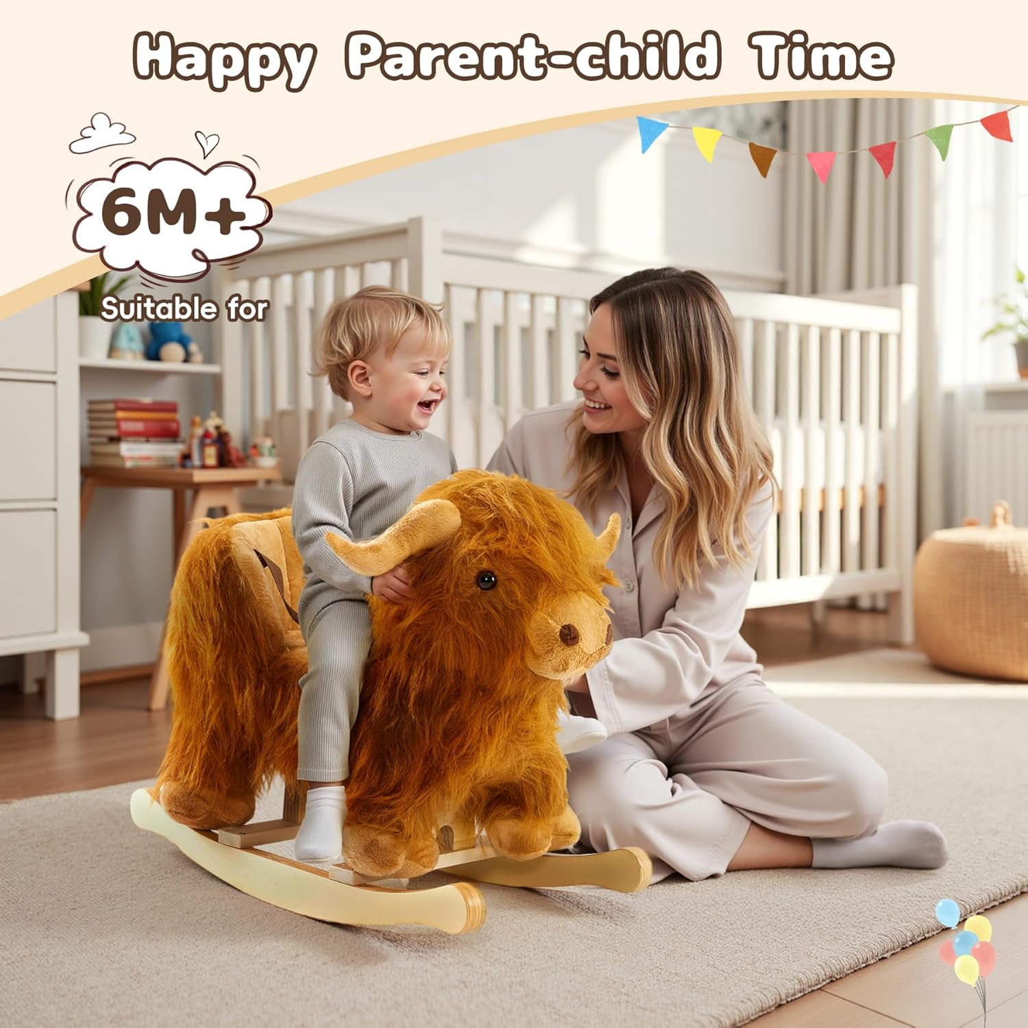 Baby Rocking Horse,Highlander Cattle Wooden Rocking Horse for Toddlers 1 Year Old Cute Cow Stuffed Plush Ride-on Toy Rocking Animal for Baby Boys and Girls Nursery/Child Christmas or Birthday Gift