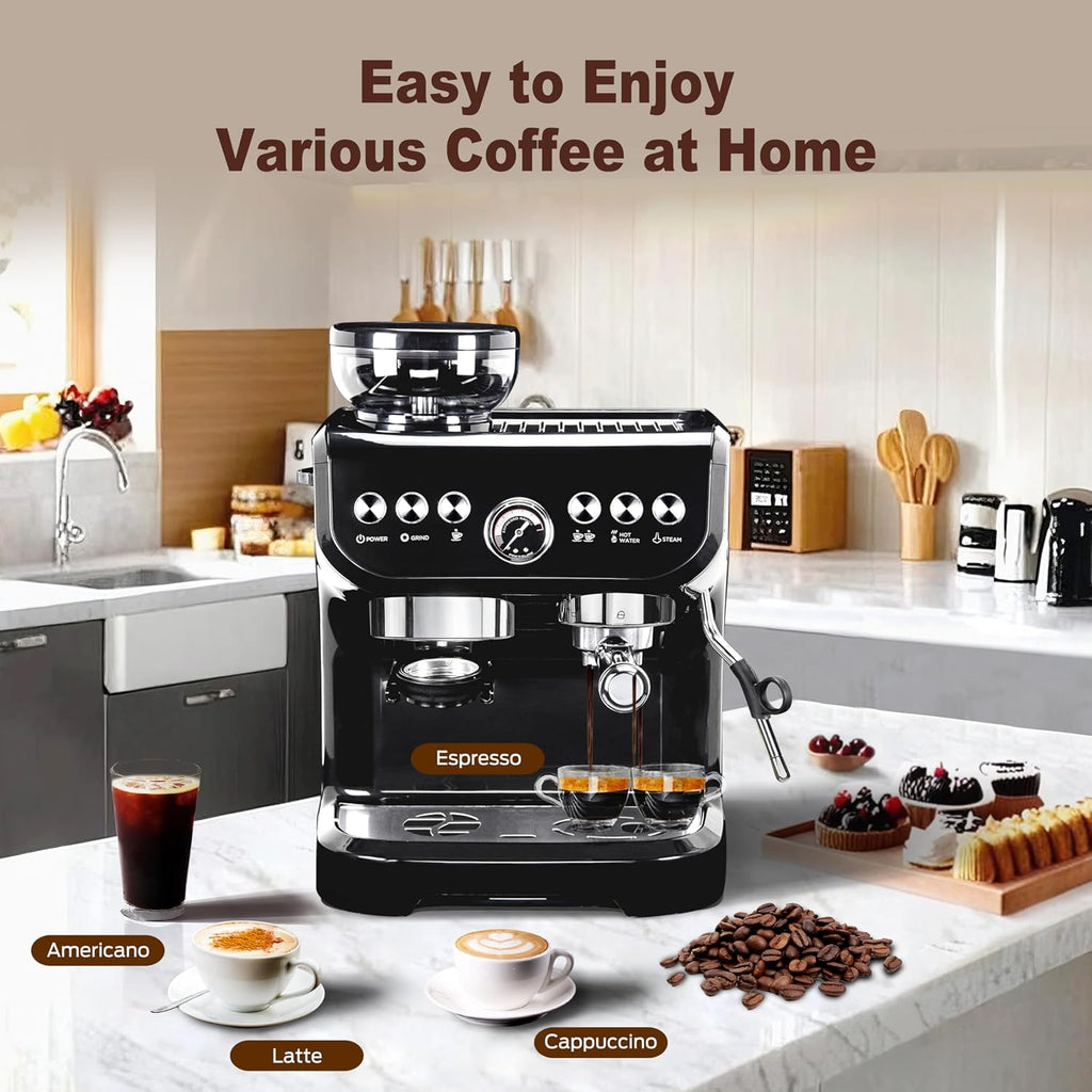 MIROX Espresso Machine 15 Bar, Coffee Maker With Milk Frother Steam Wand, Built-In Bean Grinder, Combo Cappuccino Machine with 70oz Removable Water Tank (ABS high-strength plastic shell)