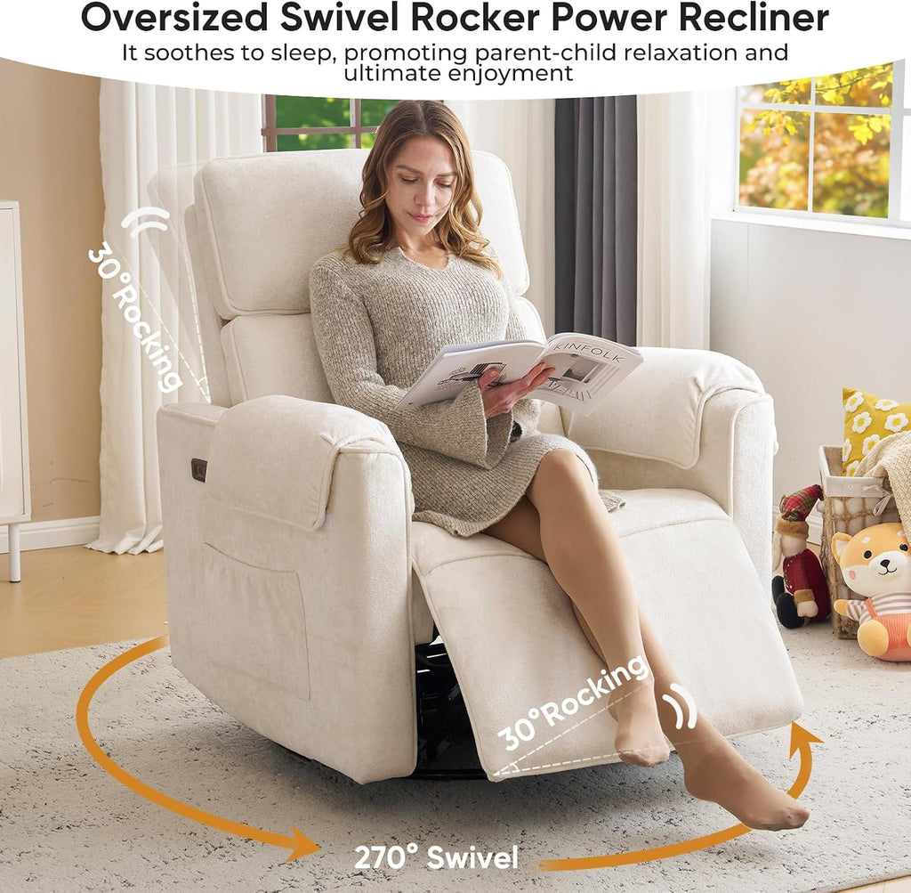Oversized Power Rocker Recliner Chair, 26' Extra Wide Swivel Recliner with Adjustable Headrest, Chenille Glider Rocking Nursery Chair with Overstuffed Armrest, USB Ports, Cream