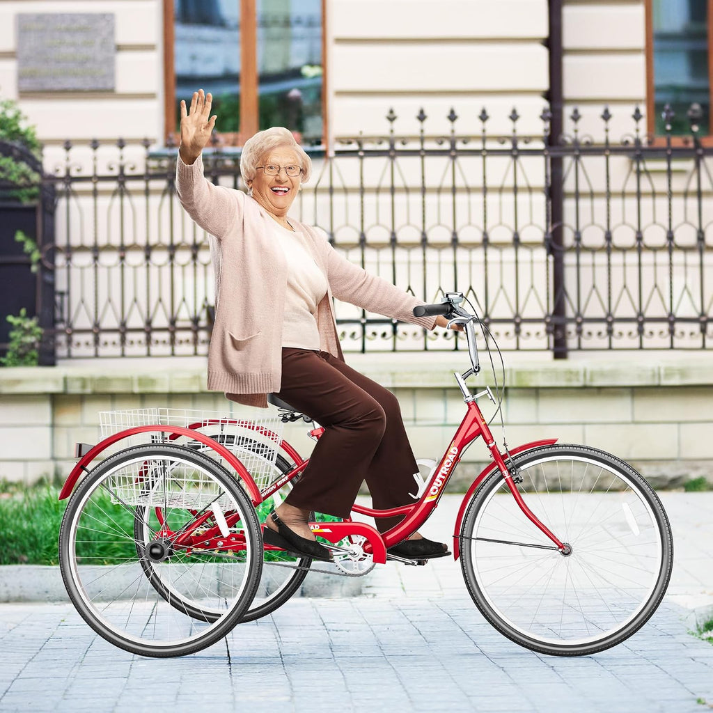 1 Speed Adult Tricycle, 24 Inch 3 Wheel Bikes with Large Basket, Cruiser Bike for Women/Men/Seniors, Adult Trike for Outdoor/Shopping/Recreation/Picnic (Red)