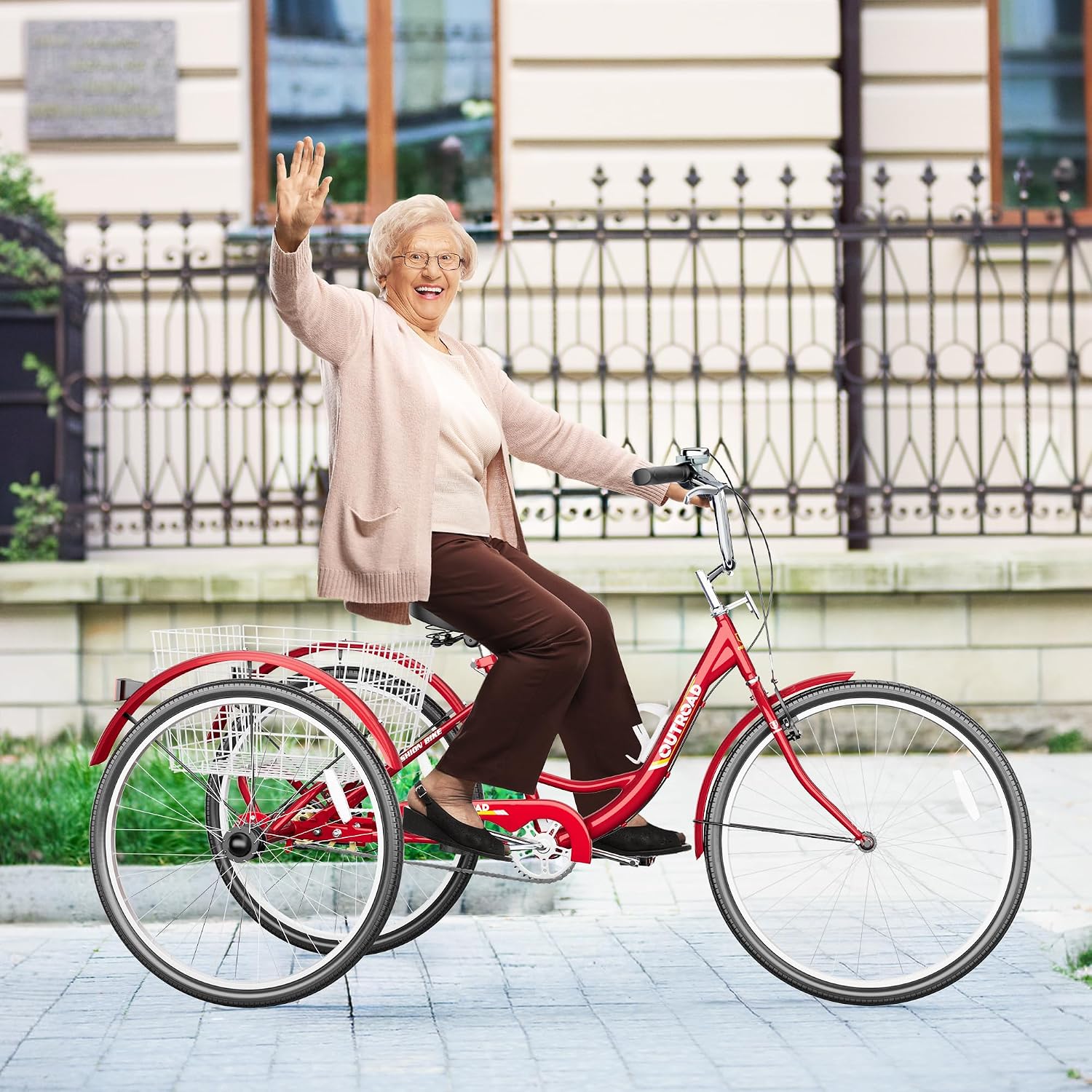 1 Speed Adult Tricycle, 24 Inch 3 Wheel Bikes with Large Basket, Cruiser Bike for Women/Men/Seniors, Adult Trike for Outdoor/Shopping/Recreation/Picnic (Red)