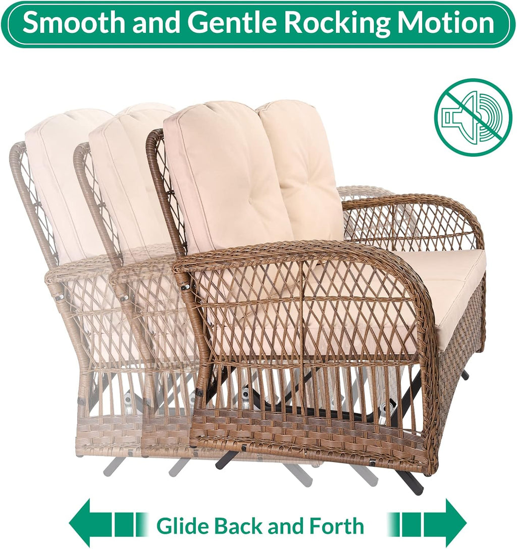 VIVIJASON 4-Piece Outdoor Patio Wicker Conversation Sets, All Weather Outdoor Rattan Furniture Set Includes Glider Loveseat, Coffee Table, 2 Rocking Chairs with Cushions for Backyard, Light Brown