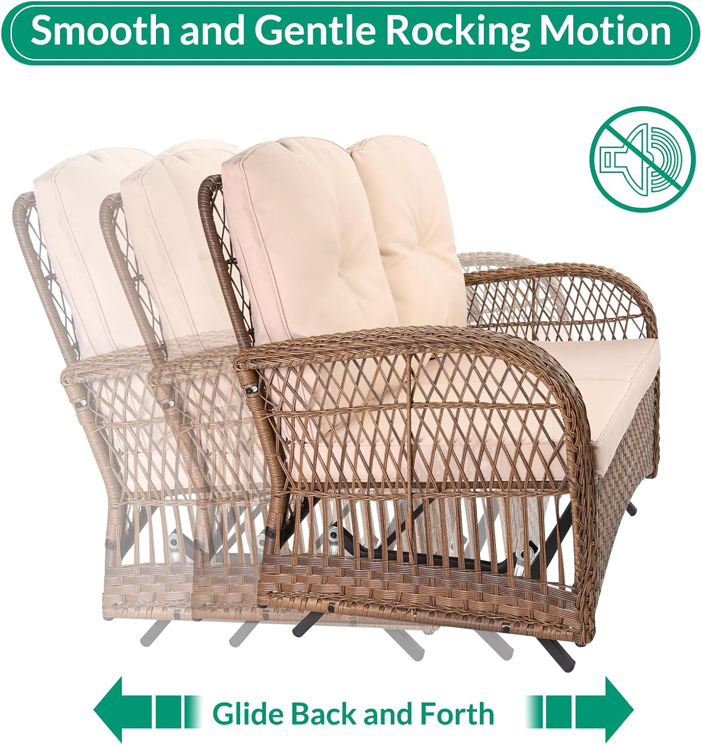 VIVIJASON 4-Piece Outdoor Patio Wicker Conversation Sets, All Weather Outdoor Rattan Furniture Set Includes Glider Loveseat, Coffee Table, 2 Rocking Chairs with Cushions for Backyard, Light Brown