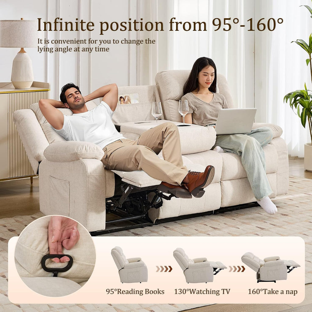 Korser Recliner Sofa, Reclining Loveseat with Console, Oversized Reclining Couch with Drop Down Table, 3-Seater Sofa with Cup Holder and Recessed Power Strip, Beige