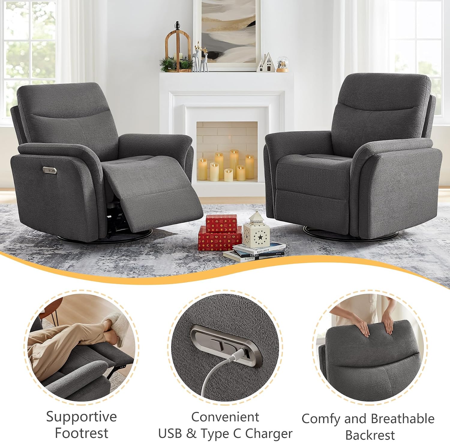 VANOMi Power Recliner Chair Swivel Glider, Electric Rocking Recliner Chairs with USB and Type-C Ports, Nursery Chair Recliner for Office, Living Room, Bedroom（Dark Gray）
