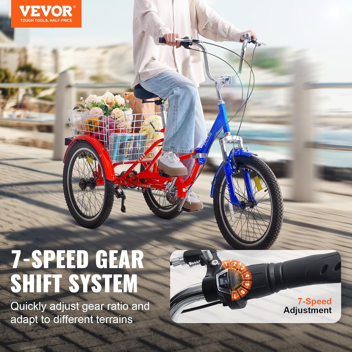 VEVOR Folding Adult Tricycle,Adult Folding Trikes, 3 Wheel Cruiser Bike with Large Basket & Adjustable Seat, Shopping Picnic Foldable Tricycles for Women, Men, Seniors
