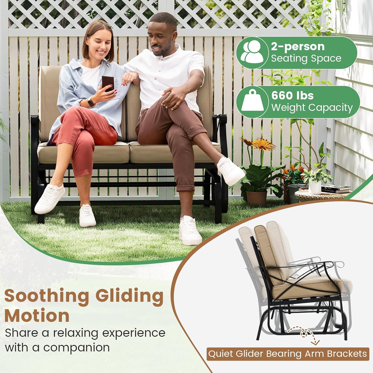 Giantex 2-Person Outdoor Glider, Rocking Chair Loveseat with Detachable Thick Cushions, Metal Frame, 660Lbs Capacity, Outside Swing Chair, Loveseat, Patio Glider Bench for Porch, Garden, Yard (Brown)