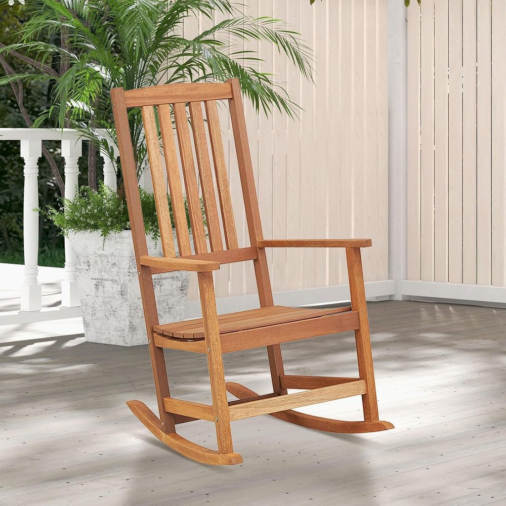 Tangkula Outdoor Rocking Chairs Set of 2, Heavy Duty High Back Patio Wood Rockers with Folding Table, for Backyard, Terrace, Poolside and Lawn