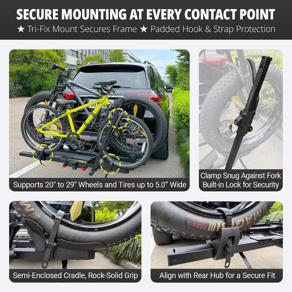 TrailV2 Plus Hitch 2 Ebike Rack with Ramp, Tilt, Fold, Anti-Theft Hitch & Wheel Locks, Heavy Duty 170 lbs Capacity, Fits 2' Receiver, Max 5' Fat Tires, Electric Bike Rack for Car, SUV, Truck, RV