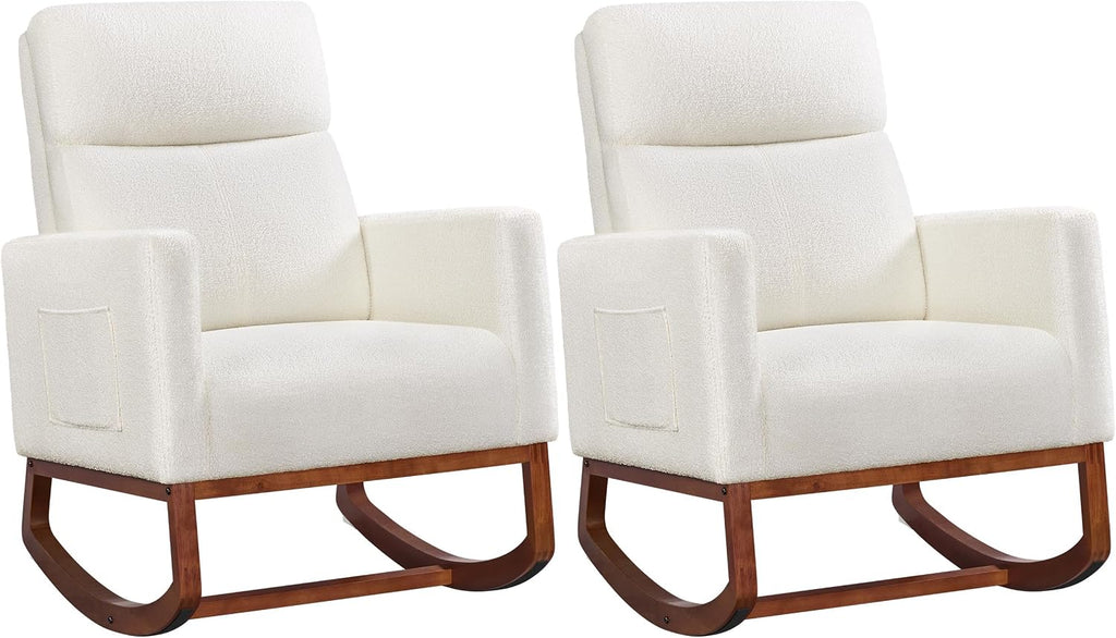 Yaheetech Upholstered Rocking Chair, Boucle Nursery Glider Chair with Side Pocket, Modern Rocking Accent Armchair with High Back and Rubber Wood Legs for Living Room Bedroom Nursery, 2 Pcs, Ivory