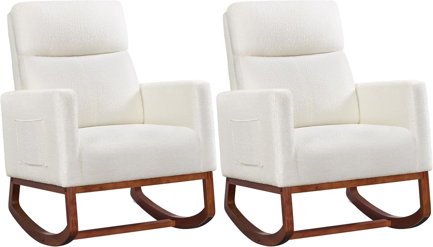 Yaheetech Upholstered Rocking Chair, Boucle Nursery Glider Chair with Side Pocket, Modern Rocking Accent Armchair with High Back and Rubber Wood Legs for Living Room Bedroom Nursery, 2 Pcs, Ivory