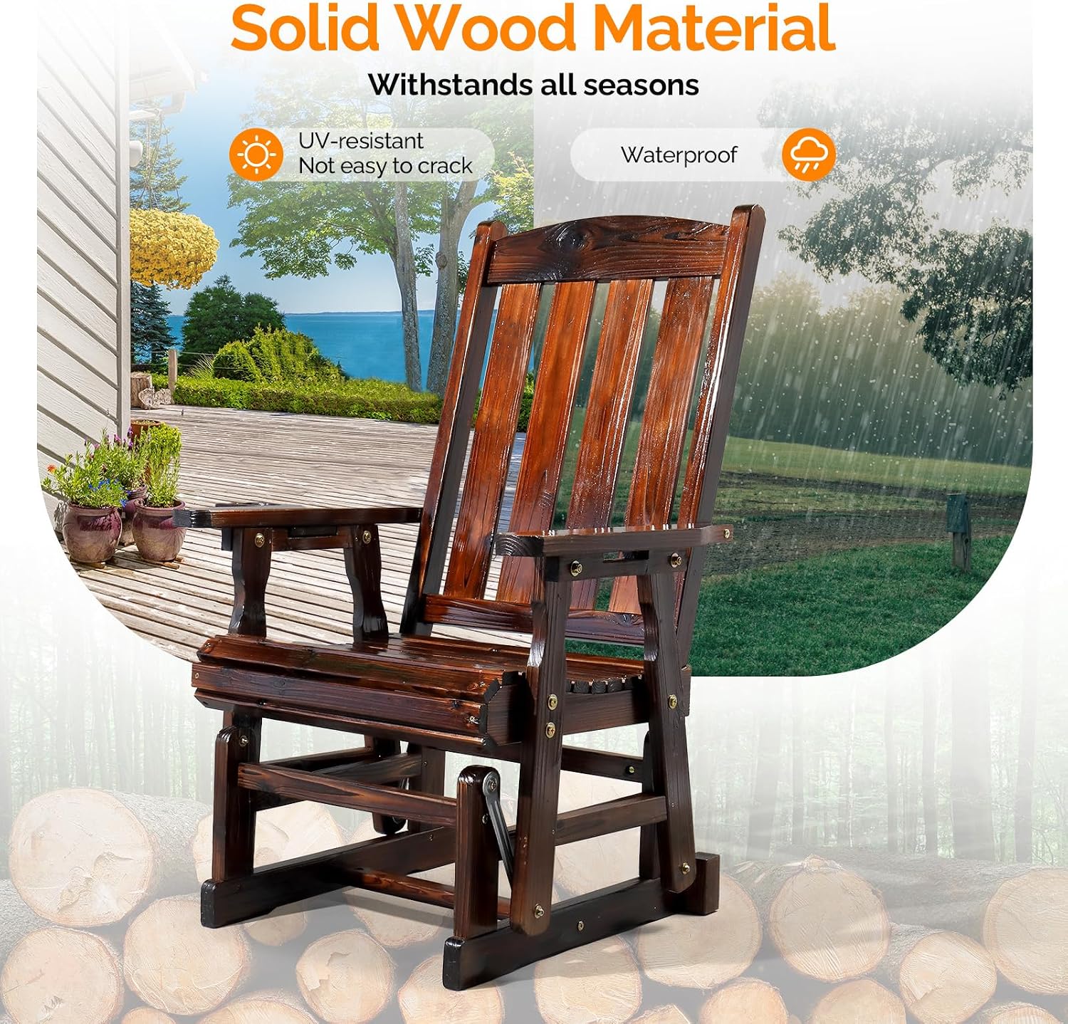 VINGLI Wooden Patio Glider, Heavy Duty 600 LBS Outdoor Glider with Cup Holders, Single Wooden Glider Bench with High Backrest for Garden, Yard, Patio, Rustic
