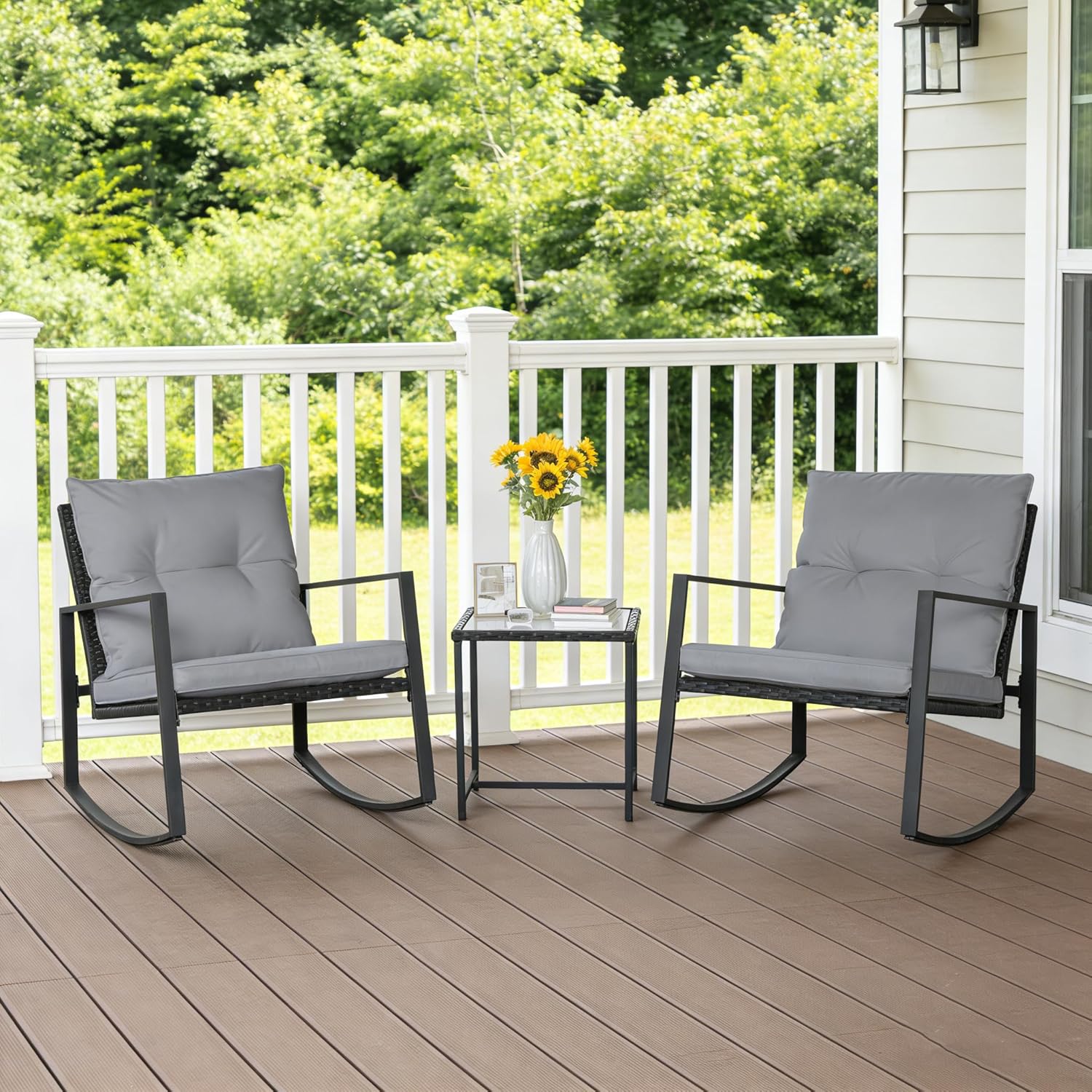 SUNCROWN 3 Piece Outdoor Rocking Bistro Set Black Wicker Furniture Porch Chairs Conversation Sets with Glass Coffee Table, Dark Grey