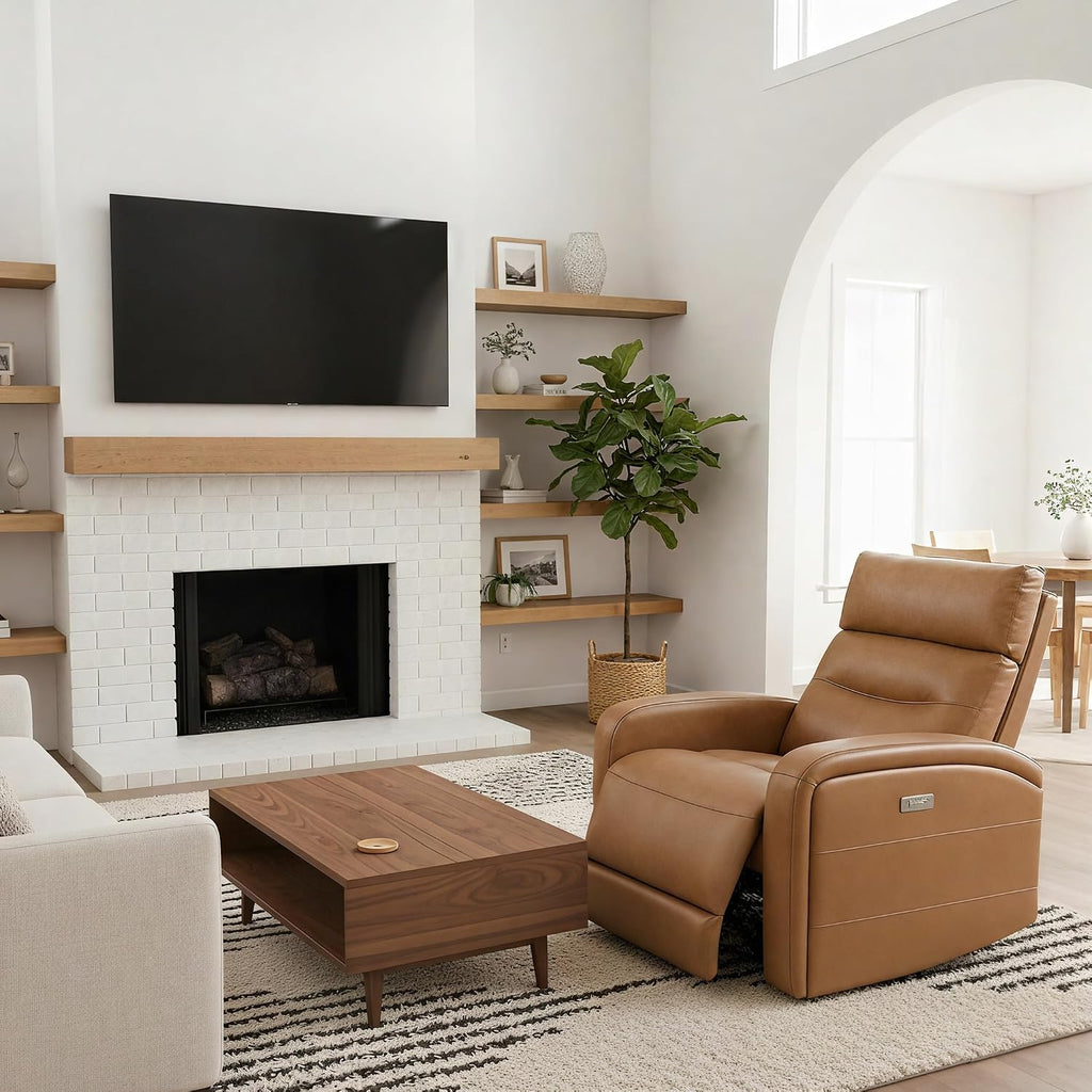 Watson & Whitely Swivel Power Recliner Glider Rocker, Small Recliner with Charging Port for Living Room, Faux Leather in Camel