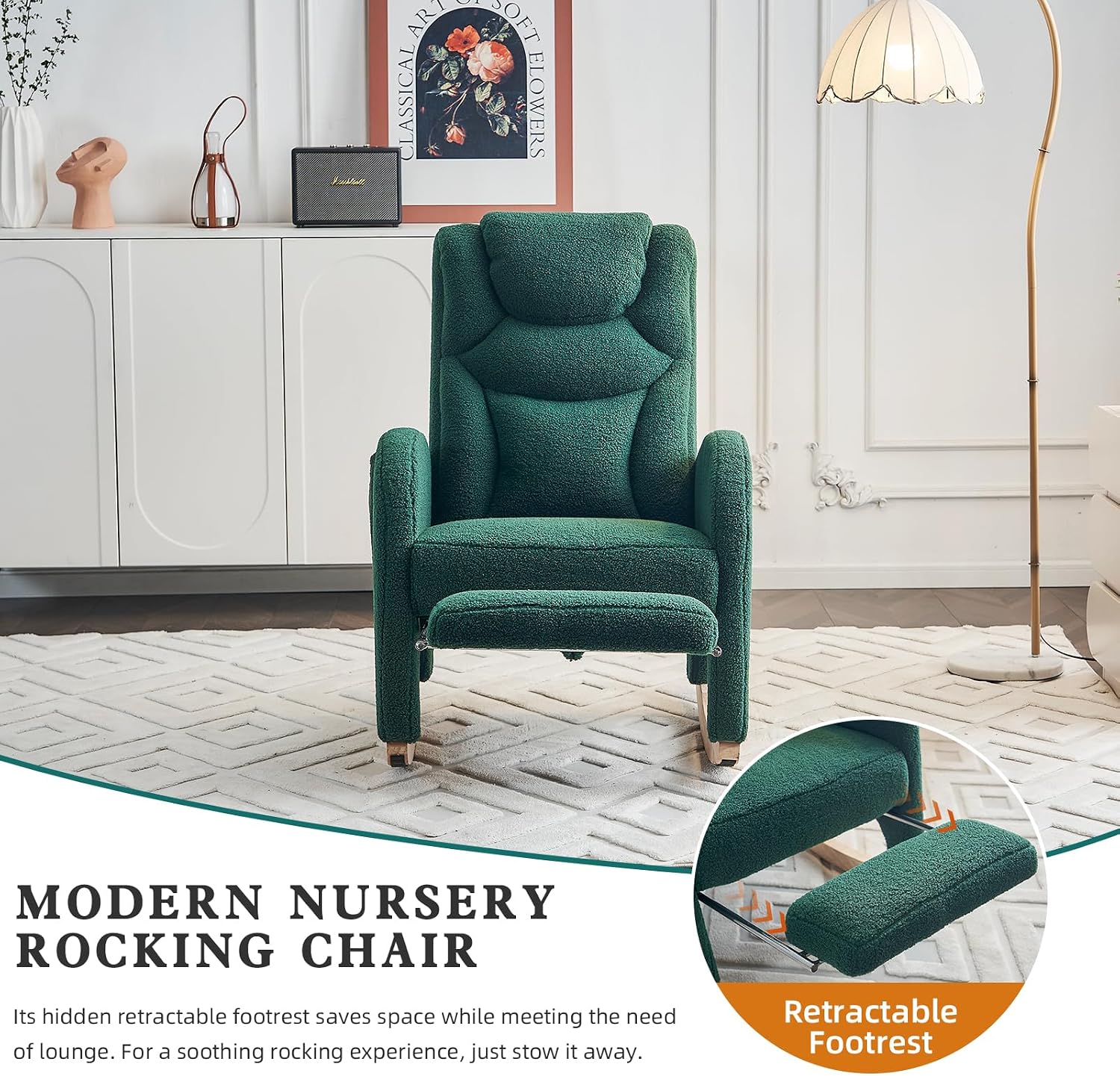 Rocking Chair Nursery with Foot Rest,Upholstered Teddy Glider Rocker with Wood Legs, Nursing Rocking Chair for Living Room/Nursery,Green