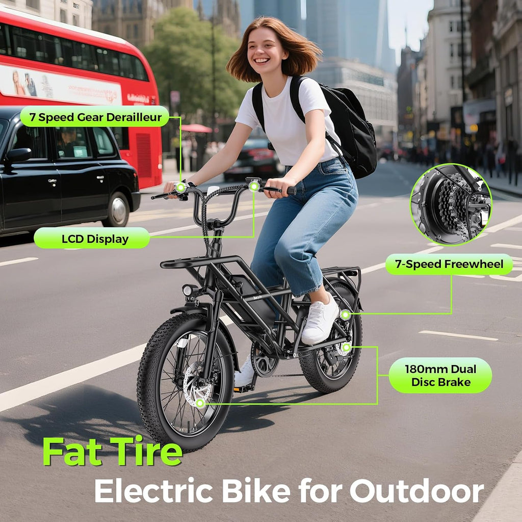 Baicycle 1800W Peak Electric Bikes for Adults 20' Fat Tire E Bike with 90 Miles(PAS) Max Range 28 MPH Electric Bicycle Step-Thru Ebikes with 48V Removable Battery 7 Speed Ebike