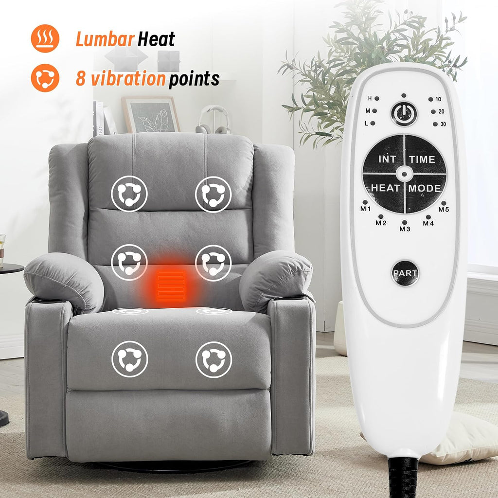 360°Swivel Rocker Recliner Chair for Adults,Manual Glider Recliner Sofa with Massage and Heating, Nursery Rocking Chairs with Cup Holds for Living Room Bedroom (Light Gray)