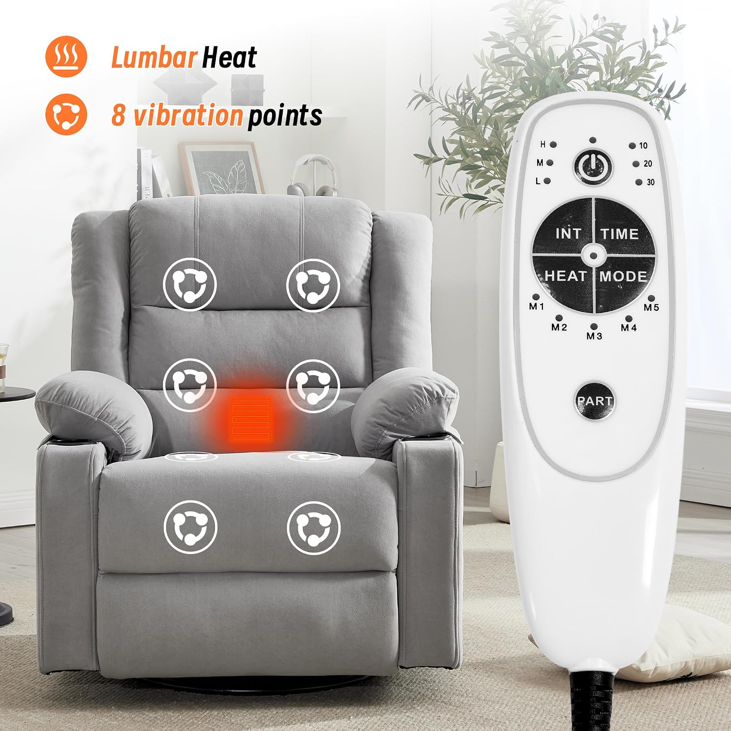 360°Swivel Rocker Recliner Chair for Adults,Manual Glider Recliner Sofa with Massage and Heating, Nursery Rocking Chairs with Cup Holds for Living Room Bedroom (Light Gray)