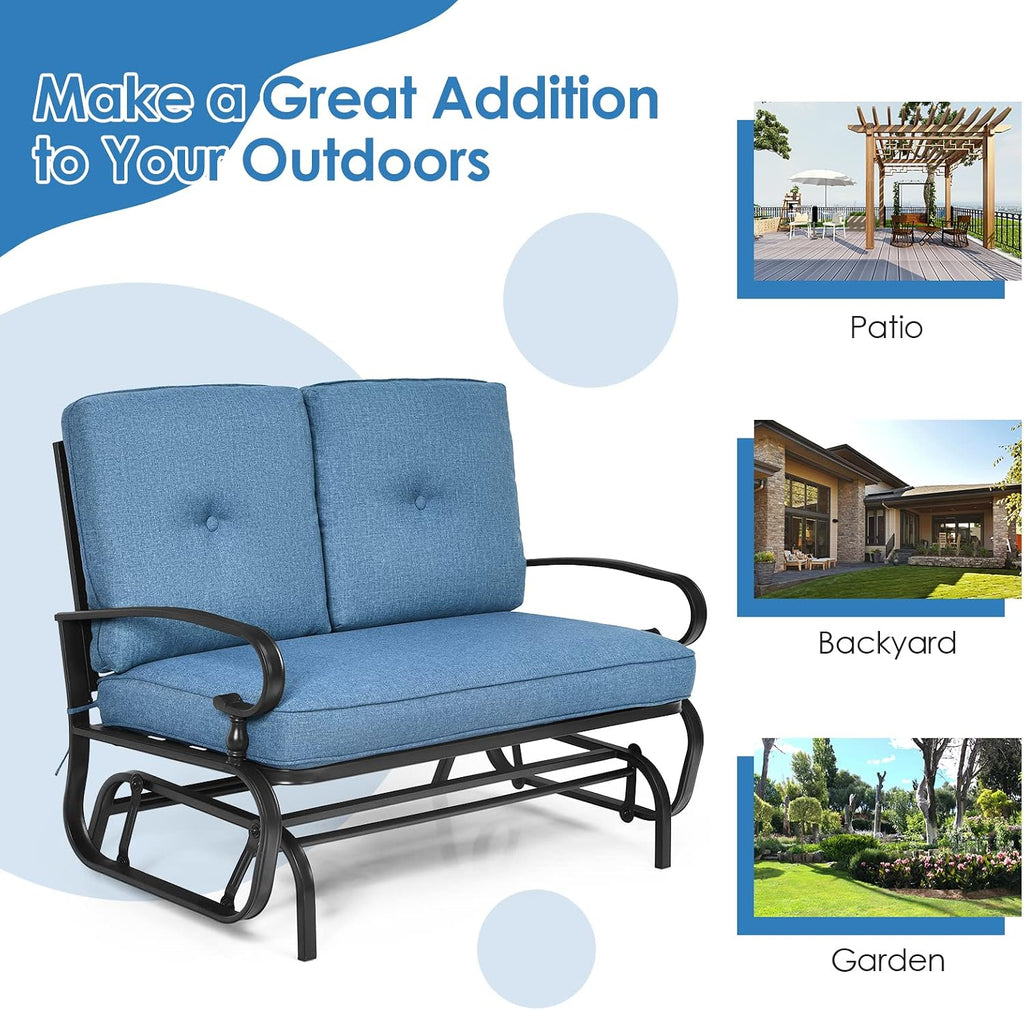 Tangkula Outdoor Swing Glider Chair, Patio Glider Bench for 2 Persons, Outdoor Rocking Loveseat with Steel Frame & Comfortable Cushions for Garden, Porch, Balcony, Poolside (Blue)