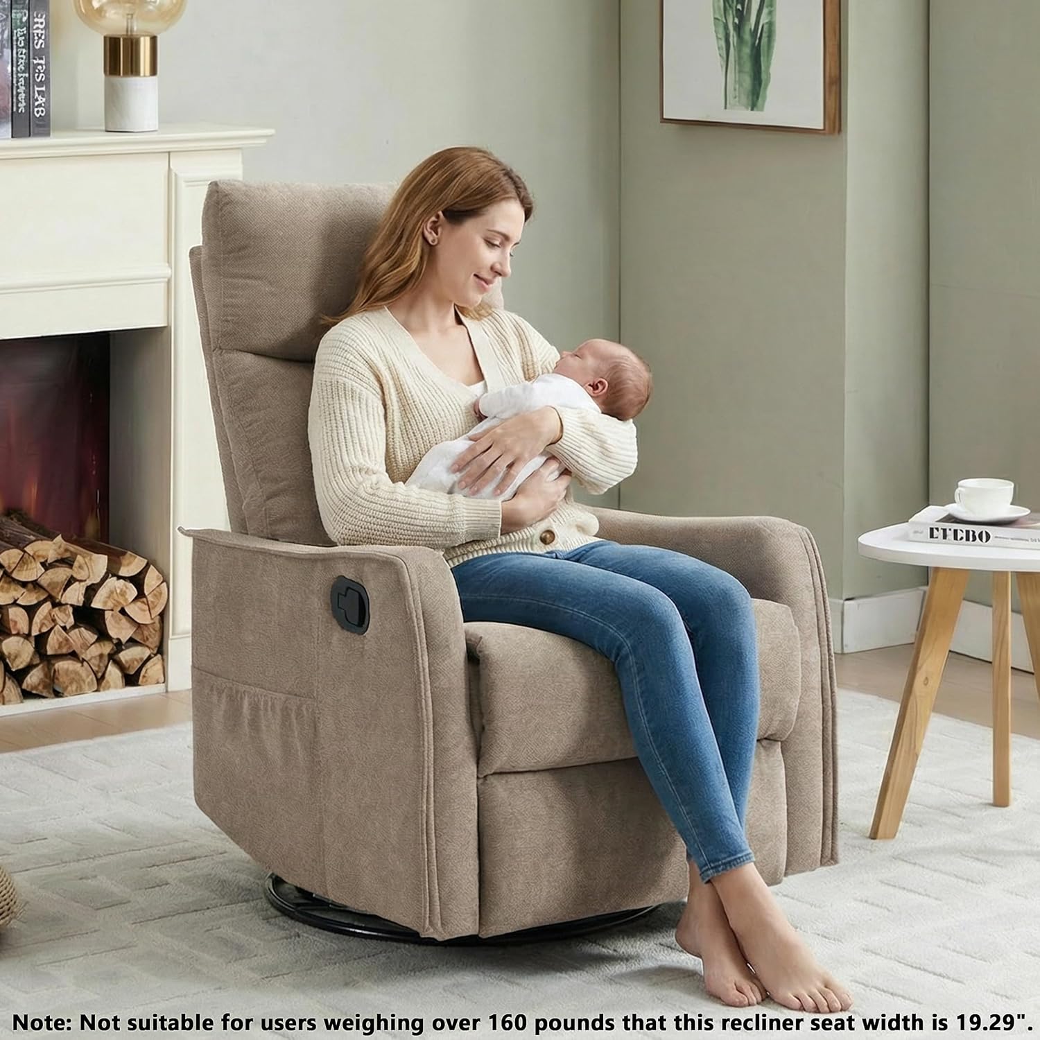 Manual 360° Swivel Rocker Recliner Chair for Adults, Overstuffed Glider Chair for Nursery with Vibration Massage and Heat, Comfy Soft Fabric Glider with Side Pockets for Living Room, Khaki