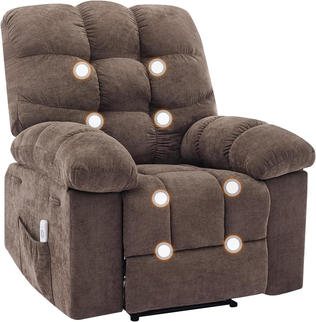 Recliner Rocking Chair with Massage & Heat, Wide Overstuffed Fabric Recliner with Breathable Upholstery, Ergonomic Design, 2 Side Pockets & Remote Control for Living Room or Bedroom (Darkbrown)