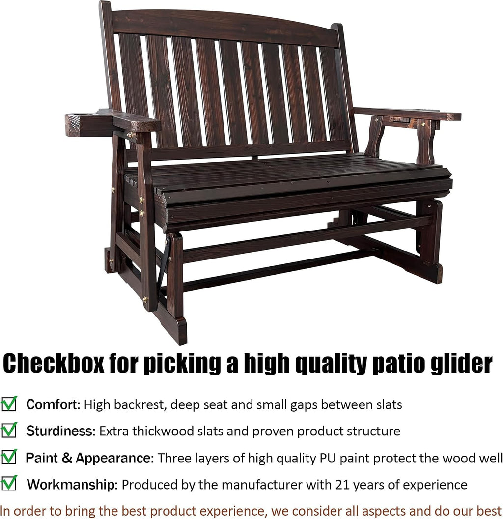 Fortune Candy Wooden Patio Glider for One Person, with High Back and Deep Contoured Seat, Solid Fir Wood, Heavy Duty 600 LBS (Deep Brown, 2-Seater)