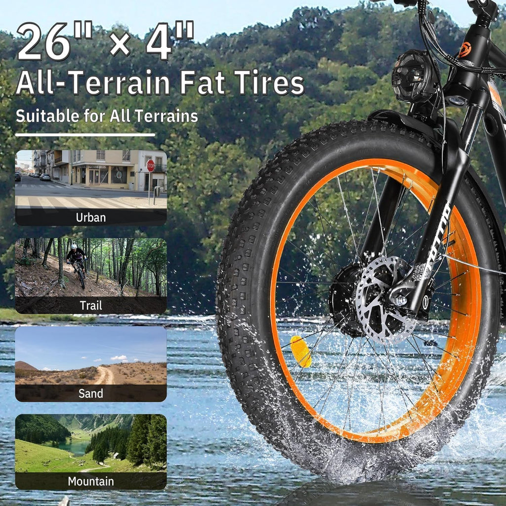Tuttio-Adria26 6000W/5000W Peak Dual-Motor Ebike for Adults - 52V Fast Ebike, Long-Range Electric Bicycle, Full Suspension, 26 Inch Fat Tire Bike for Off-Road, Mountain, Snow, Hunting, Commuting