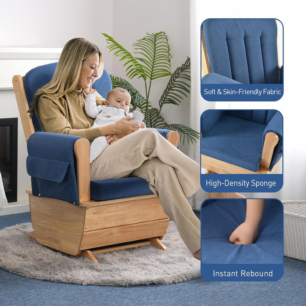 Modern Glider Rocker with Padded Cushion, Solid Wood Glider Gentle Rocking Chair, Soft Skin-Friendly Three Proof Fabric, Water Oil Resistant,Smooth Rocking Motion Indoor Living Room, Blue