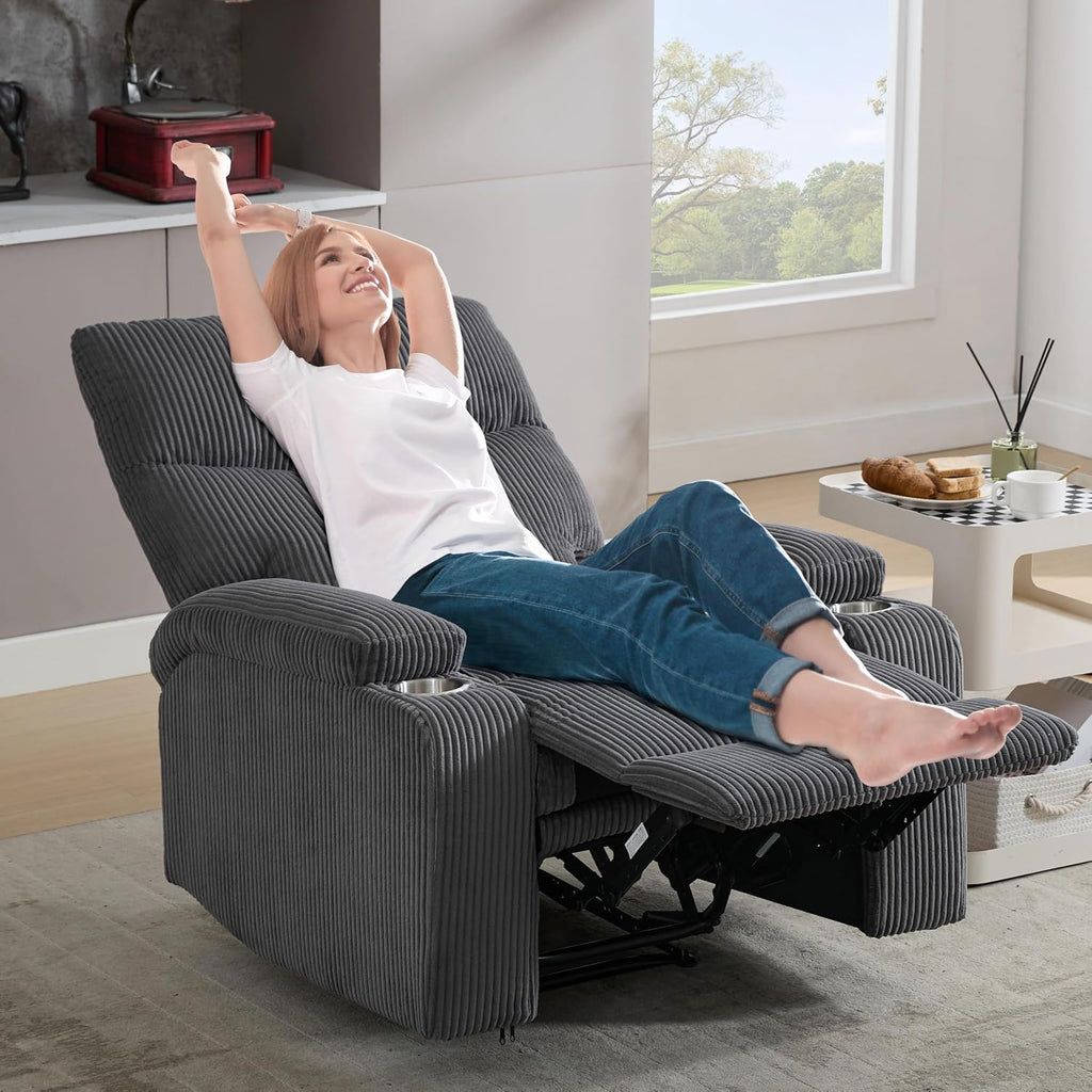 Manual Recliner Chair with Pull Ring, 3 Position 140° Reclining Sofa for Living Room, Nursery, RV, and Office,Oversized Recliner Chairs for Adults(Grey Corduroy Fabric)