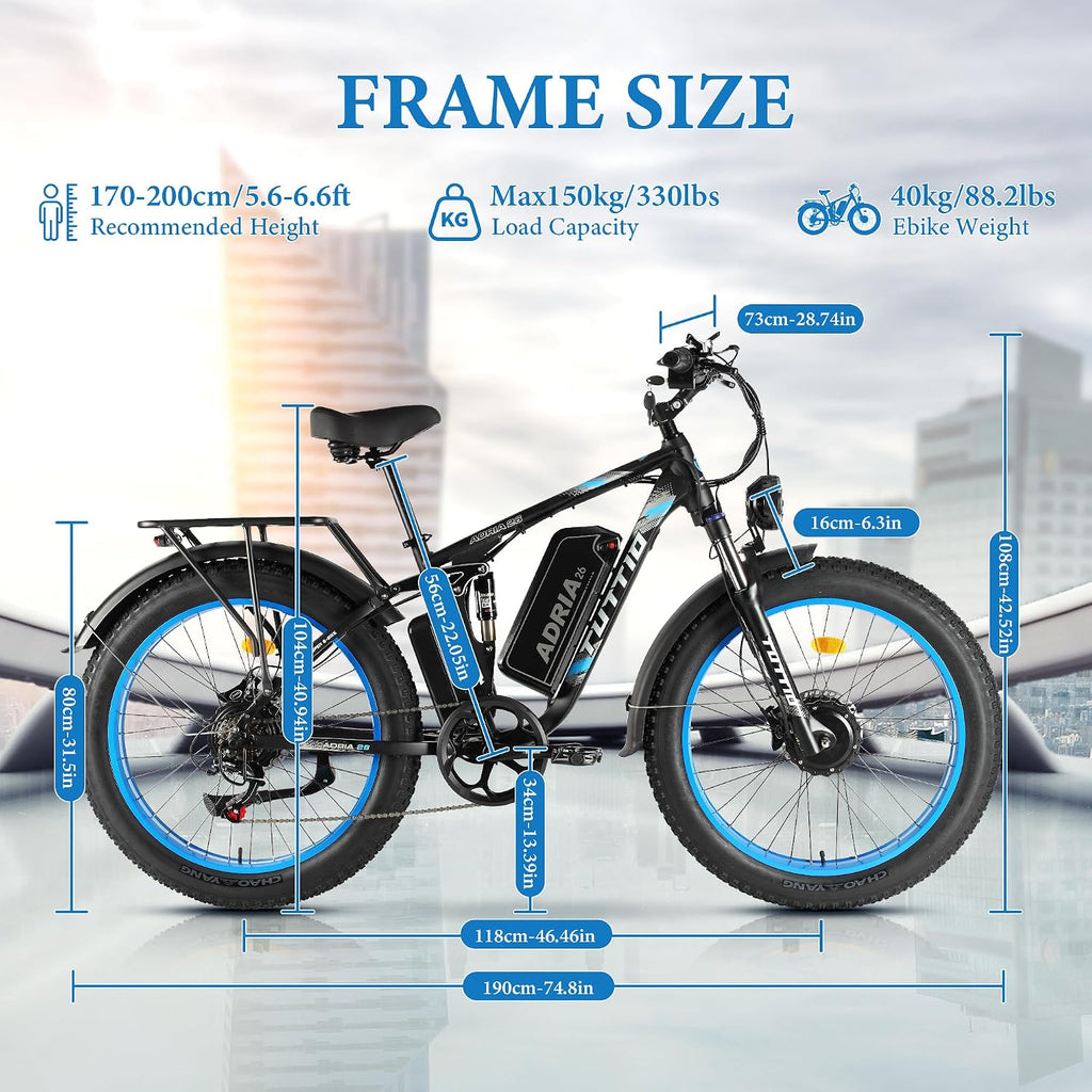 Tuttio-Adria26 6000W/5000W Peak Dual-Motor Ebike for Adults - 52V Fast Ebike, Long-Range Electric Bicycle, Full Suspension, 26 Inch Fat Tire Bike for Off-Road, Mountain, Snow, Hunting, Commuting