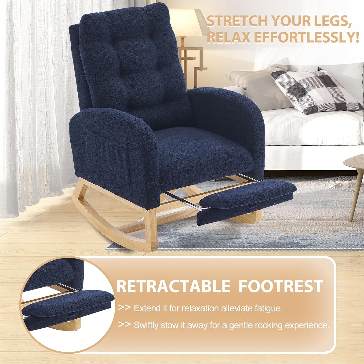 cinkehome Nursery Rocking Chair with Retractable Foot Rest, Teddy Glider Rocking Chair, Mid Century Rocker Chair, High Back, Solid Wood Legs