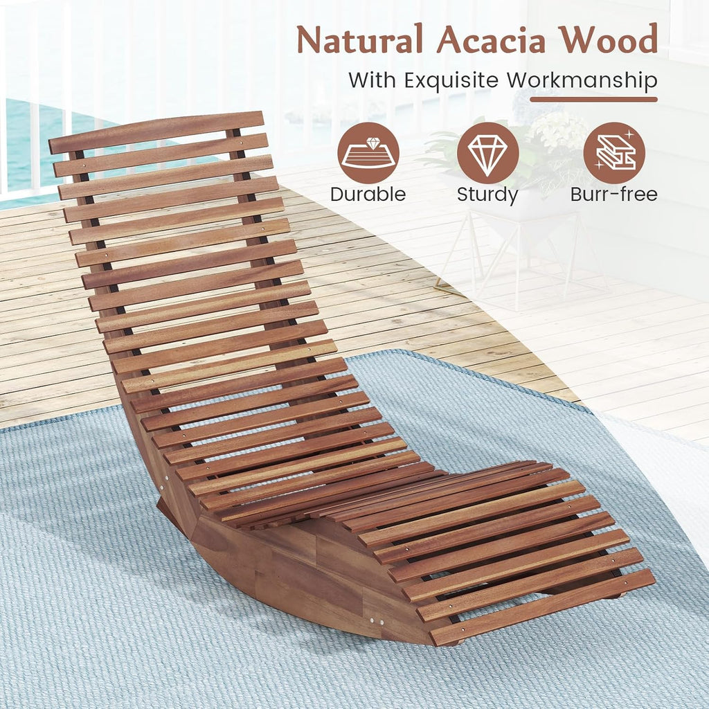 Giantex Outdoor Chaise Lounge Chair, Acacia Wood Patio Lounger with Slatted Design, Rocking Chair, Outdoor Rocker for Sunbathing, Poolside, Beach Lounge Chairs (1, Natural)