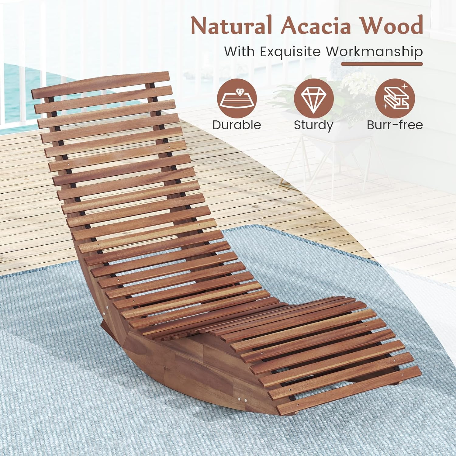 Giantex Outdoor Chaise Lounge Chair, Acacia Wood Patio Lounger with Slatted Design, Rocking Chair, Outdoor Rocker for Sunbathing, Poolside, Beach Lounge Chairs (1, Natural)