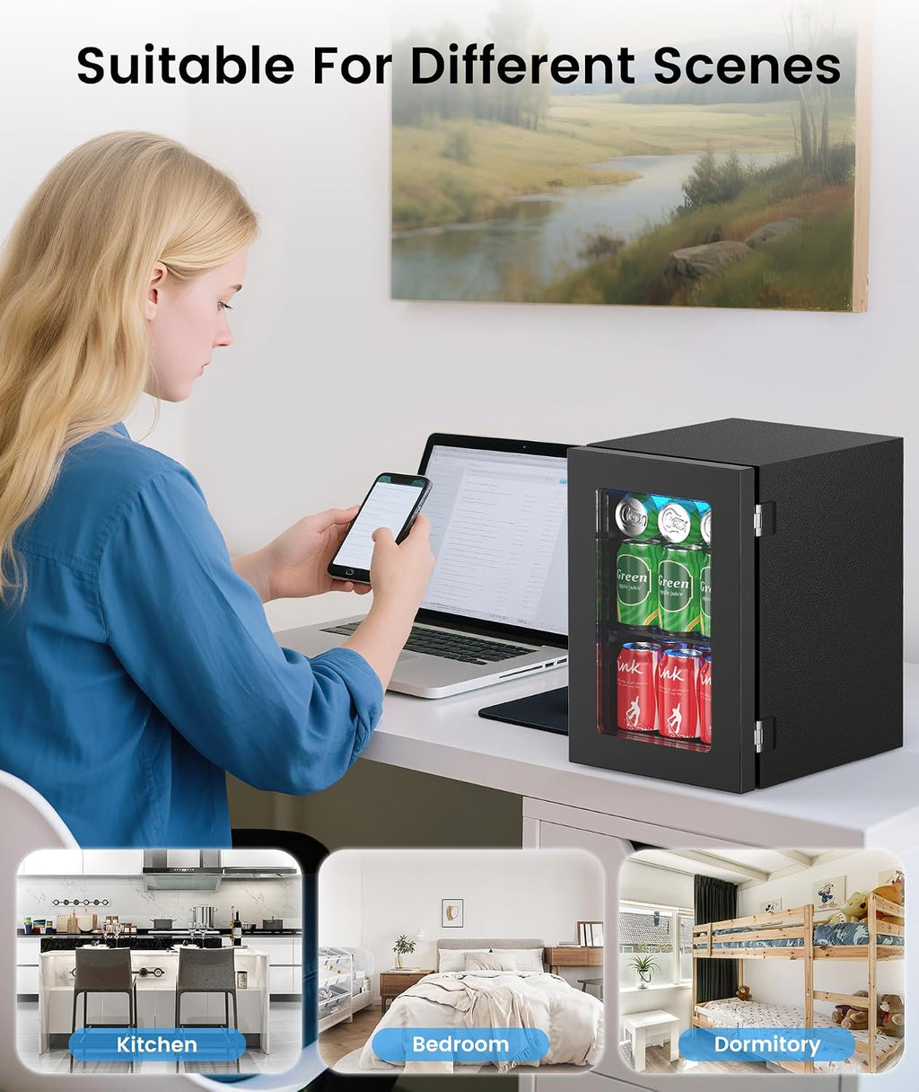 Kismile 18L Beverage Refrigerator Cooler, 24Can Mini Fridge with Glass Door, Quiet Compressor, Countertop Small Fridge with 40-61℉ Digital Electronic Temperature Control, LED Lgiht for Home and Bar