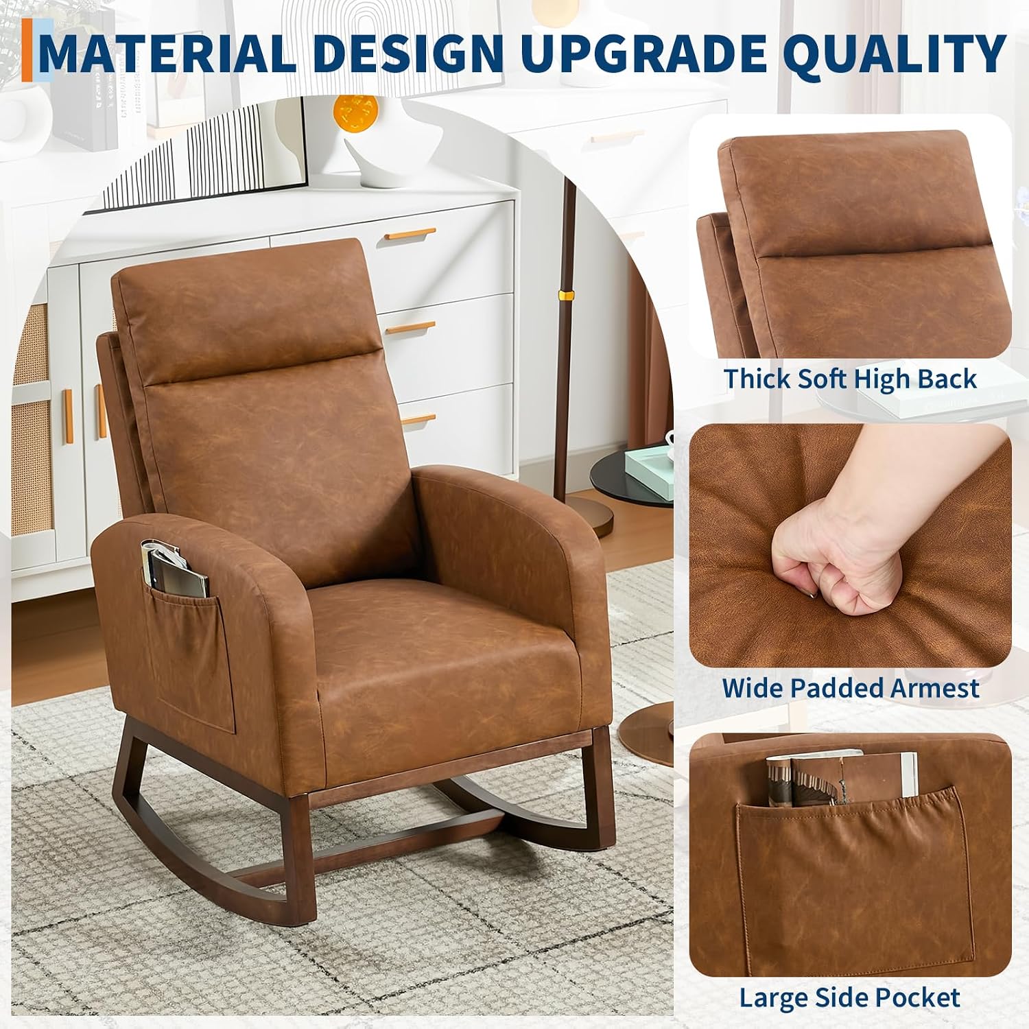 Nursery Rocking Chair, Upholstered Glider Rocker with High Back & Side Pocket, Comfy Nursing Chair for Breastfeeding, Padded Nursery Armchair for Baby Room, Bedroom & Living Room, Vintage Brown