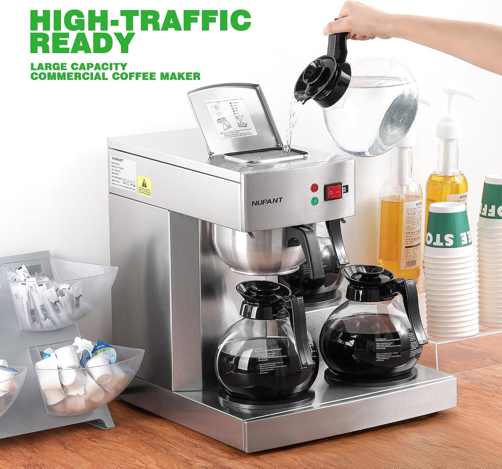 NUPANT 12 Cup Commercial Coffee Maker,Drip Coffee Maker Machine with 3 Warmers Plate and 3 Glass Decanters, Stainless Steel Pour Over Commercial Coffee Brewer for Restaurant, Office, Cafe Use