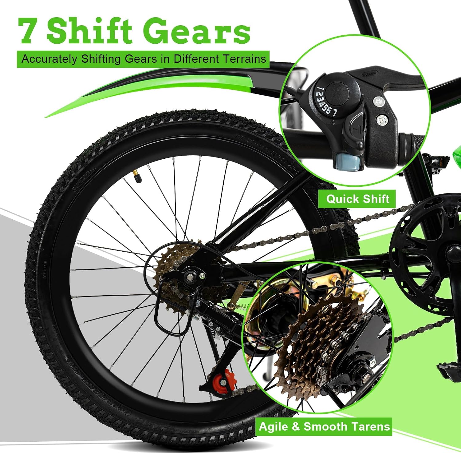 20 Inch Kids Mountain Bike - 7-Speed Children's Bike w/Dual Disc Brakes - Heavy Duty Steel Frame for Boys & Girls Age 8-12 - Trail/City Riding (Green)