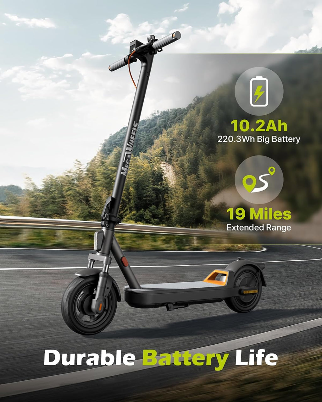 MEGAWHEELS Electric Scooter for Adults with Suspension, 8.5/10in Vacuum Tires, 14/19/28/31Miles, 15MPH Max Speed, Turn Lights, Foldable Electric Scooter for Commuter
