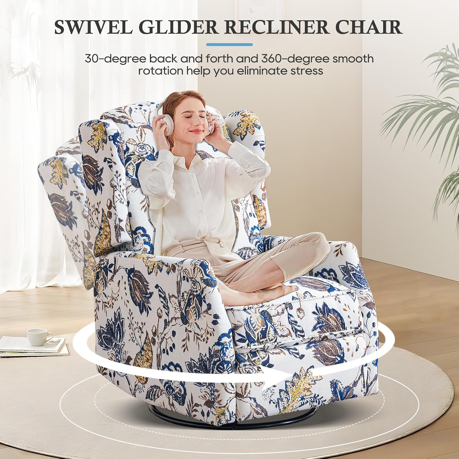 Swivel Rocker Recliner, Manual Rocker Recliner Chair for Adults, Glider Rocking Chair for Nursery with Padded Seat for Living Room, 360° Swivel Rocking Chair Small Recliners for Small Spaces