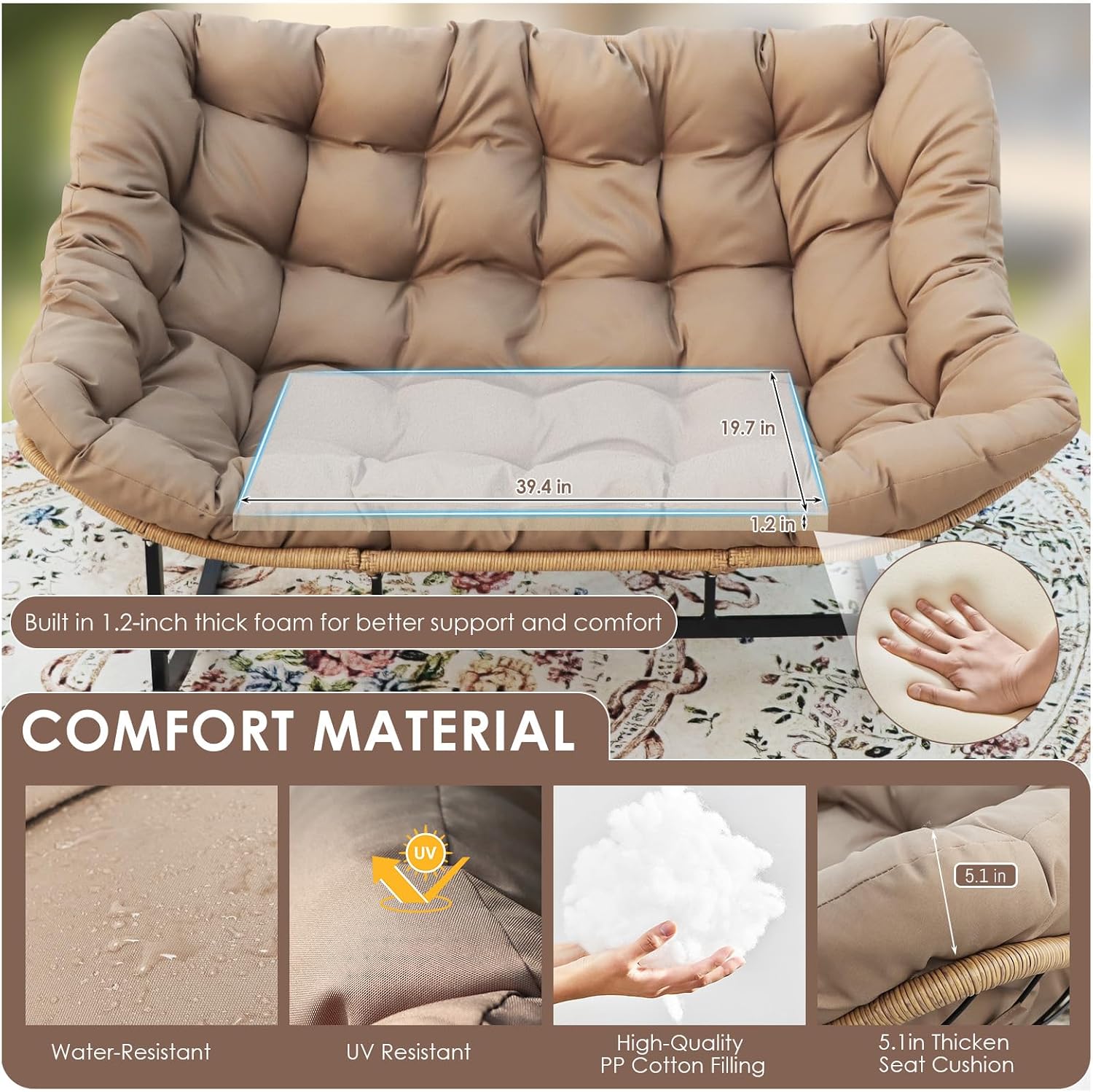 RADIATA Double Papasan Rocking Chair with Ottomans, Oversized Egg Rocking Chairs for 2, Large Wide Loveseat Recliner with Comfy Cushion for Indoor Outdoor Patio Garden, Brown