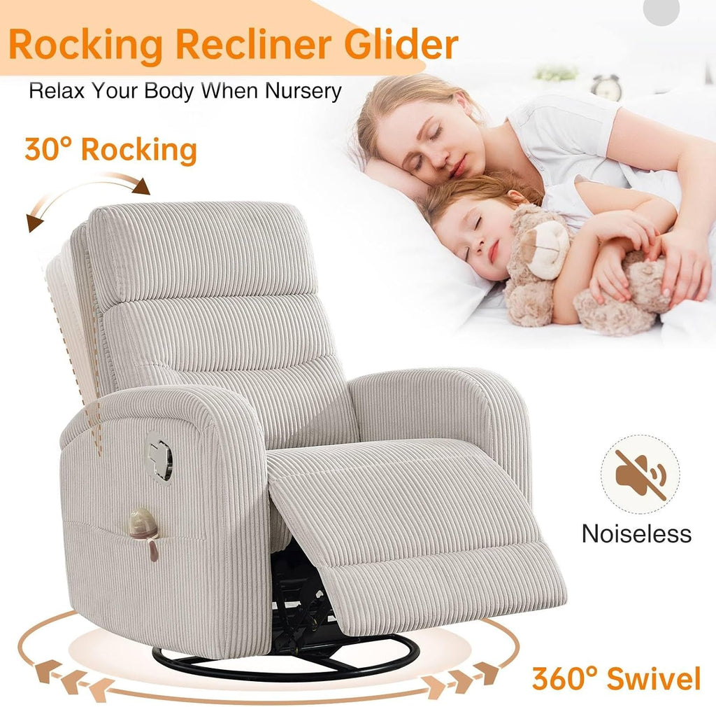 Swivel Rocker Recliner Glider Rocking Chair for Nursery, Corduroy Recliner with Chunky Cushion, Manual Swivel Recliner Chair for Living Room, Bedroom, Nursery(Camel)