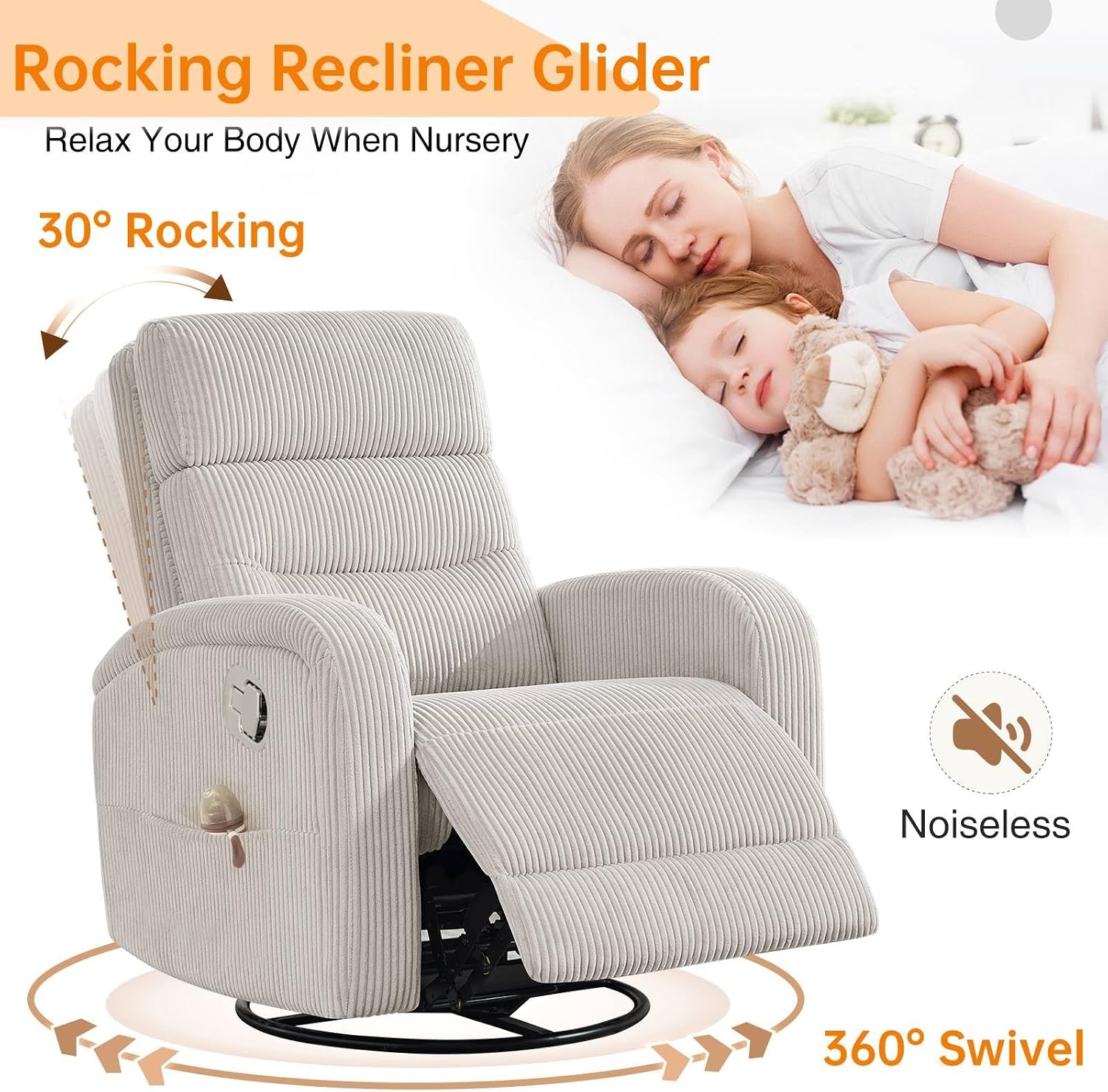 Swivel Rocker Recliner Glider Rocking Chair for Nursery, Corduroy Recliner with Chunky Cushion, Manual Swivel Recliner Chair for Living Room, Bedroom, Nursery(Camel)