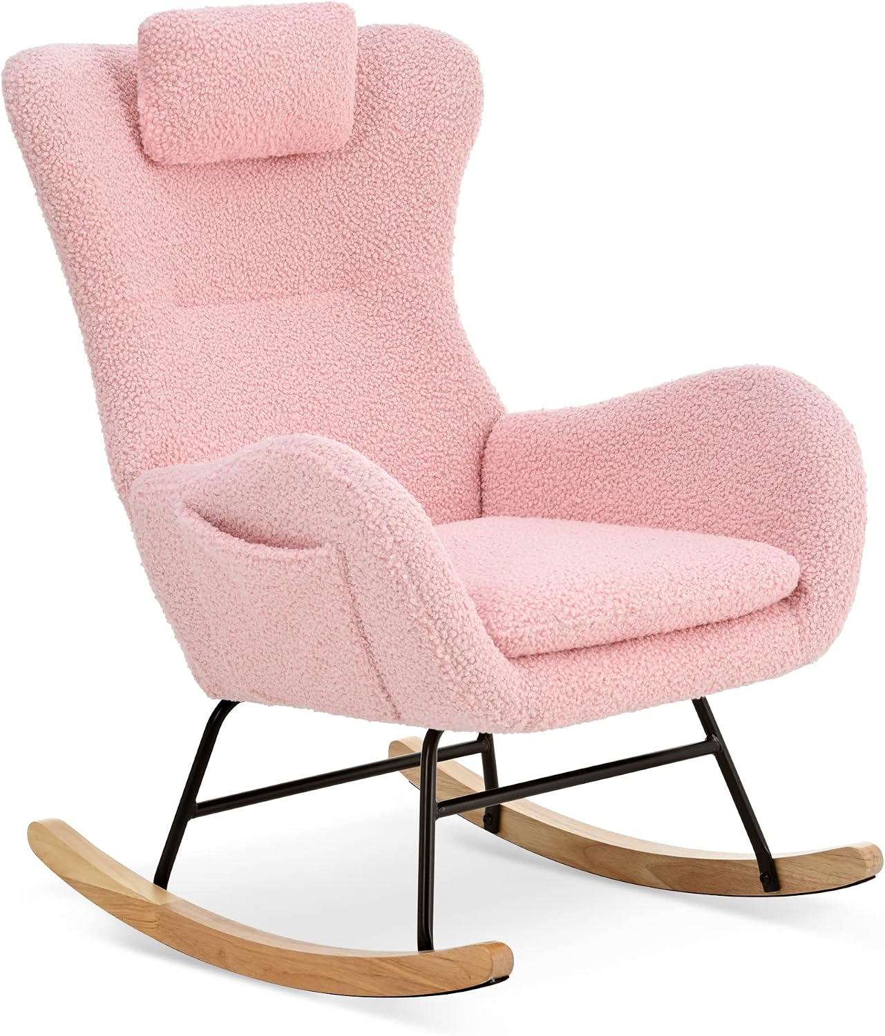 GDFStudio Aurla Rocking Chair, Teddy Upholstered Rocker Glider Chair with High Backrest, Adjustable Headrest & Pocket, Comfy Glider Rocker for Bedroom, Living Room, Offices, Rubber Wood, Pink