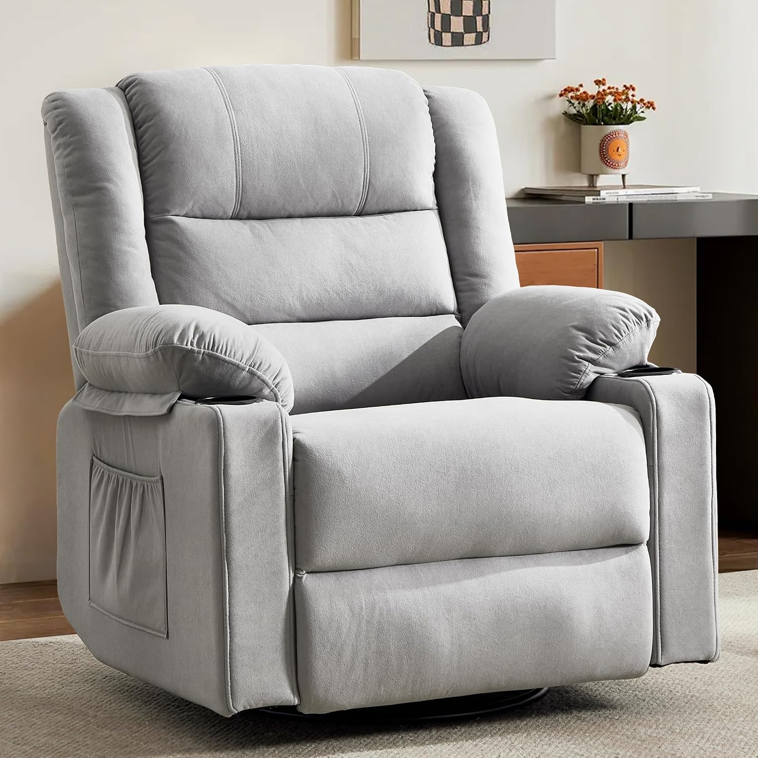 360°Swivel Rocker Recliner Chair for Adults,Manual Glider Recliner Sofa with Massage and Heating, Nursery Rocking Chairs with Cup Holds for Living Room Bedroom (Light Gray)