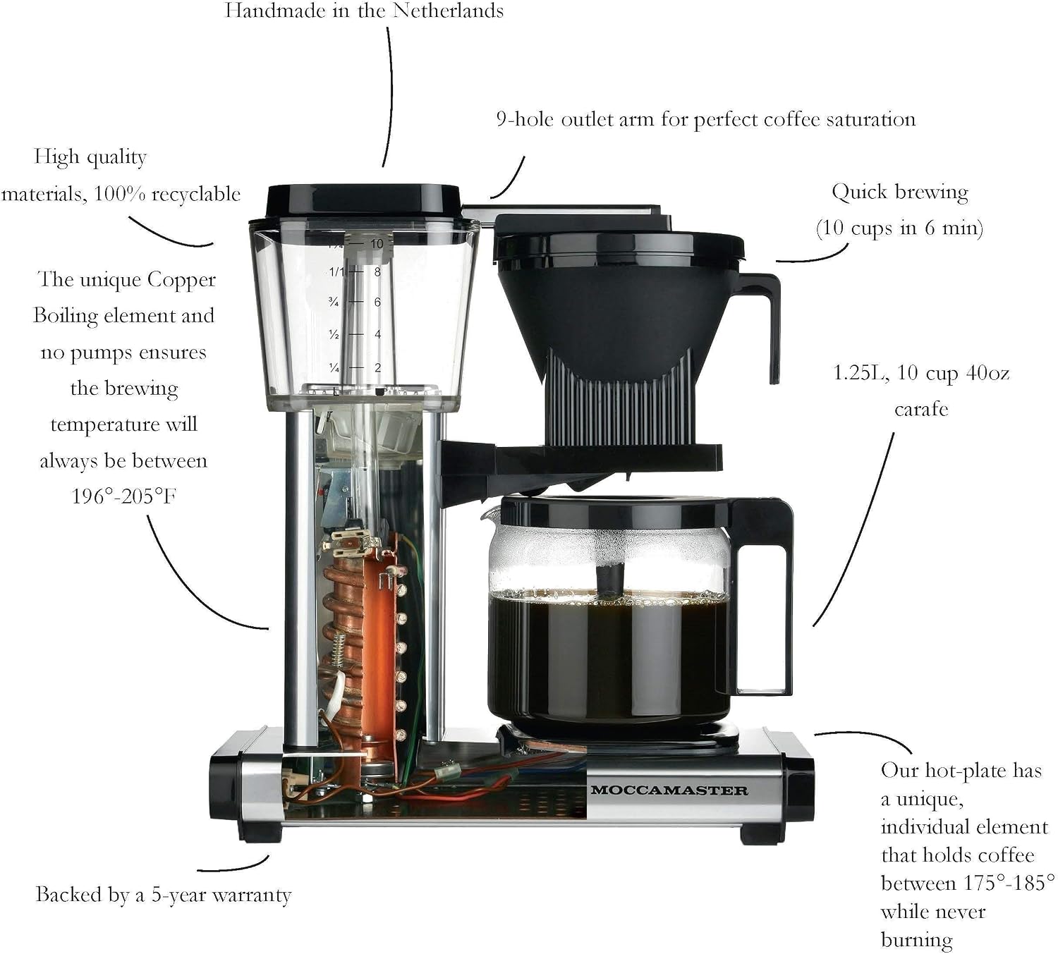 Technivorm Moccamaster 59616 KBG, 10-Cup Coffee Maker, 40 oz, Polished Silver